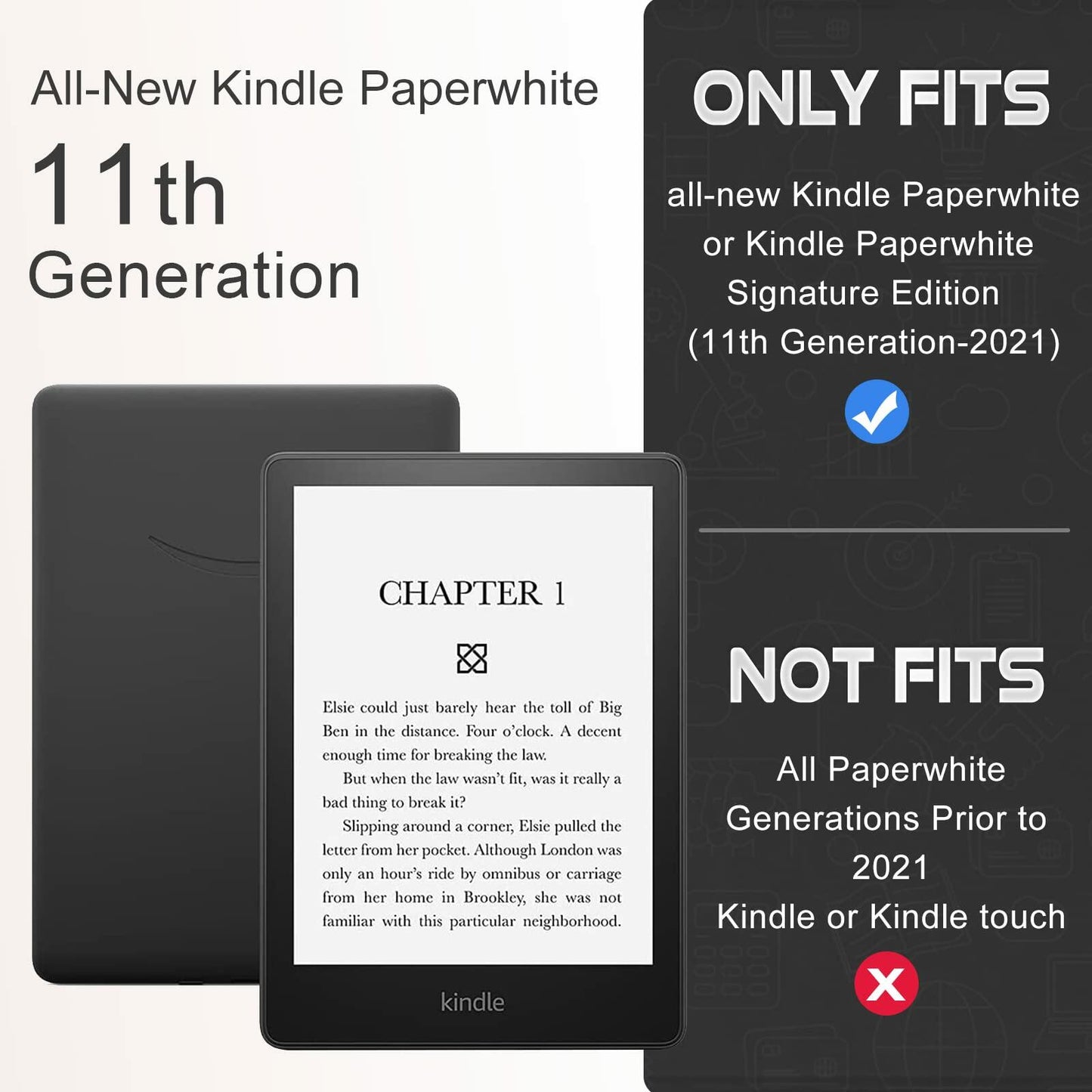 CoBak Kindle Paperwhite 11th Gen 6.8" PU Leather Case Stand Black