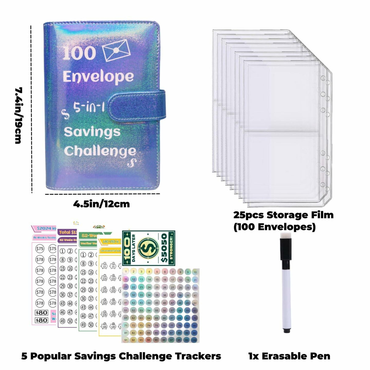 100 Envelope Challenge Binder 5-in-1 Budget Planner Shining Silver