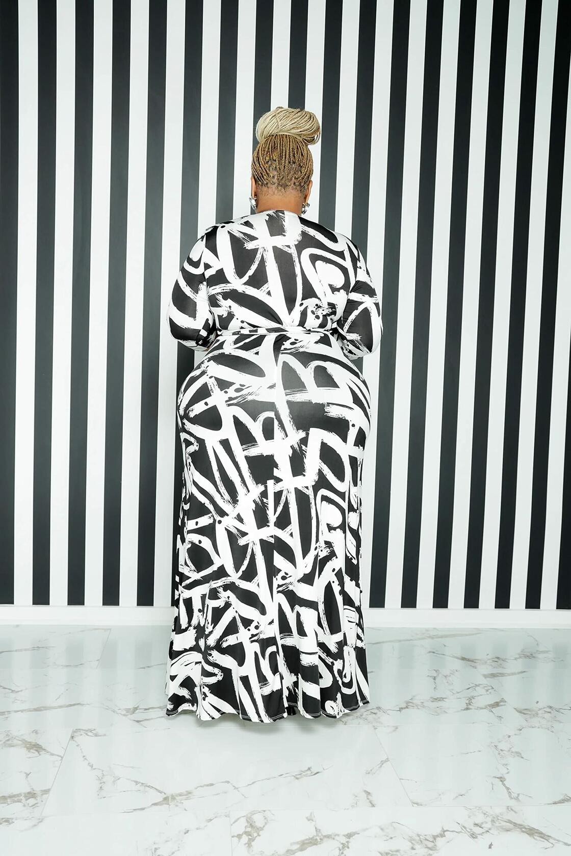 BFFBABY Sexy Wrap V Neck 3/4 Sleeve Chain Print Maxi Dress with Belt Size 5XL