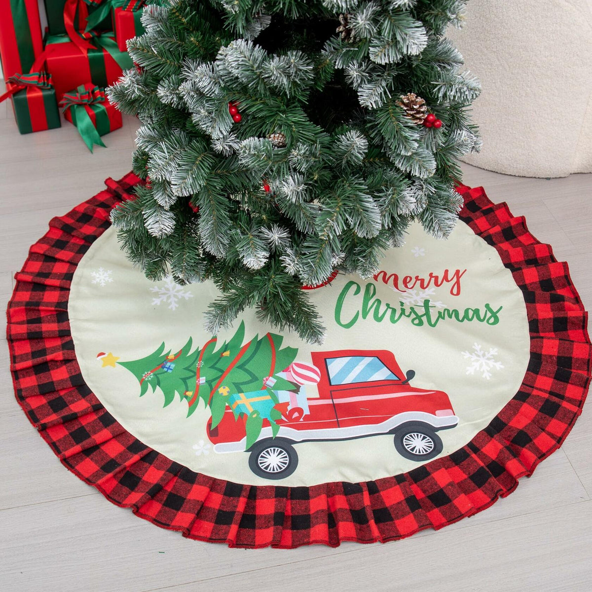Burlap Christmas Tree Skirt 36" Red Black Buffalo Plaid Truck Farmhouse