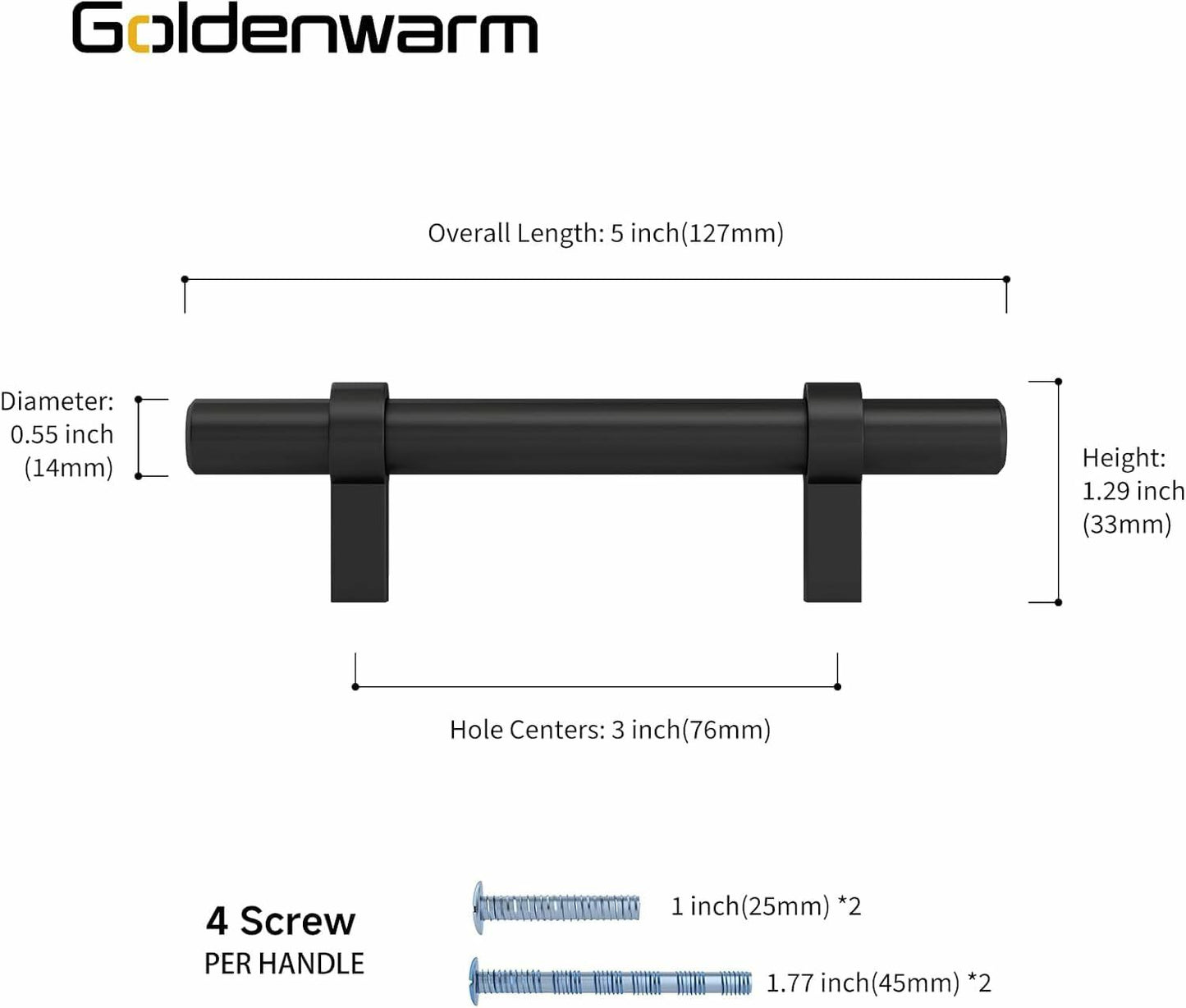 goldenwarm 6 Pack Black 5 Inch Cabinet Handles Stainless Steel Zinc Alloy