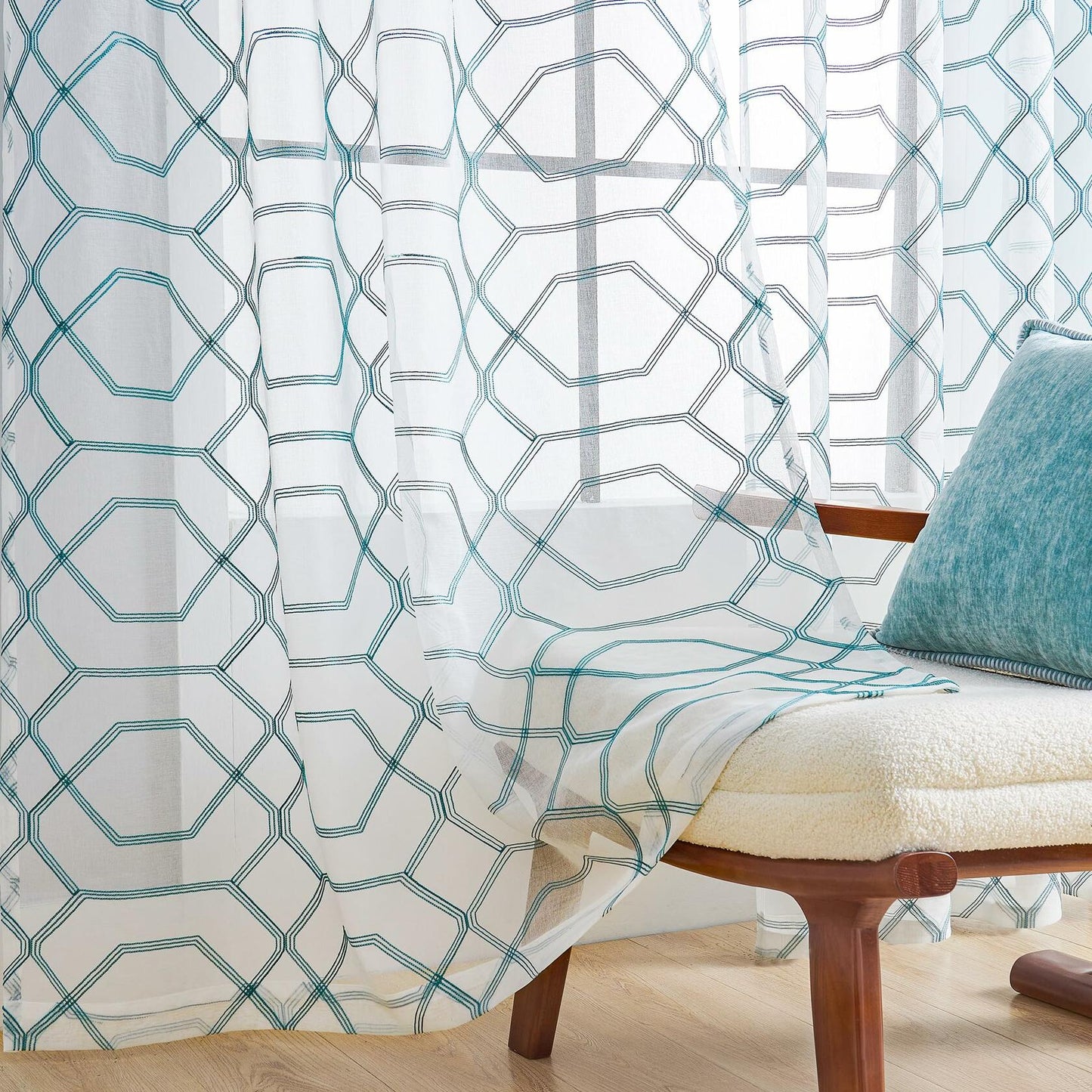 WANSOUL Blue Pattern Sheer Curtains 2 Panels 84in Teal Blue Moroccan Design