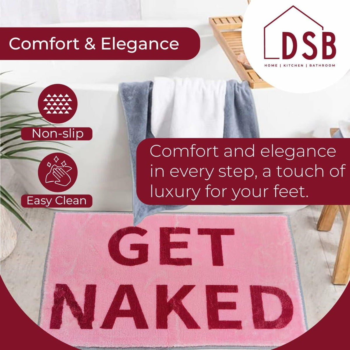 DSB Get Naked Bath Mat 20x32 Pink Rainbow Letters Non Slip Microfiber