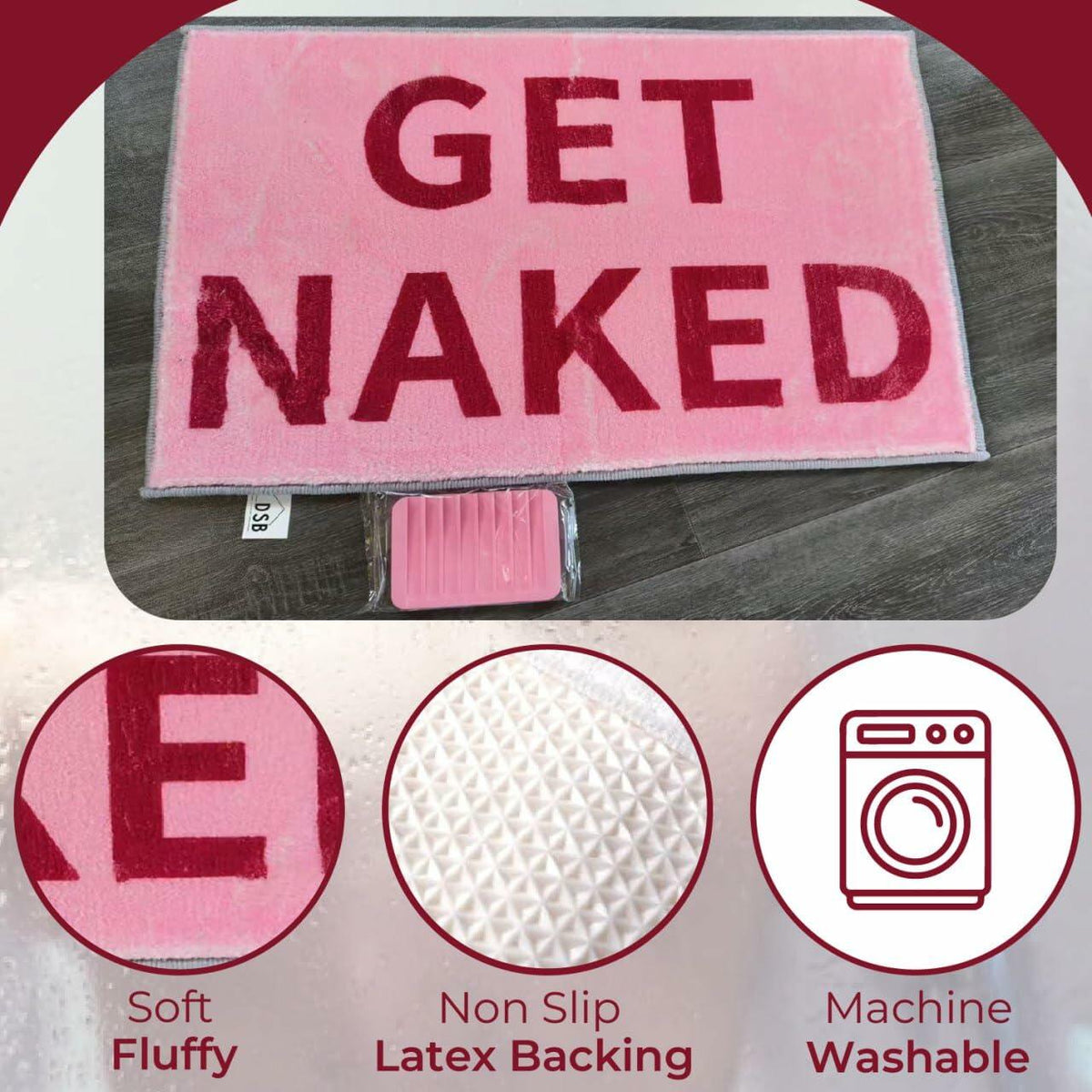 DSB Get Naked Bath Mat 20x32 Pink Rainbow Letters Non Slip Microfiber