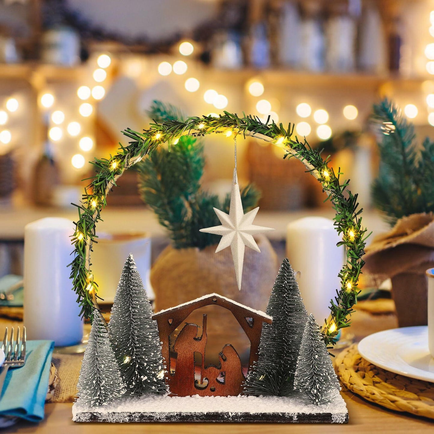 Cinnvoice LED Wooden Nativity Set Christmas Decoration Indoor Tabletop Display