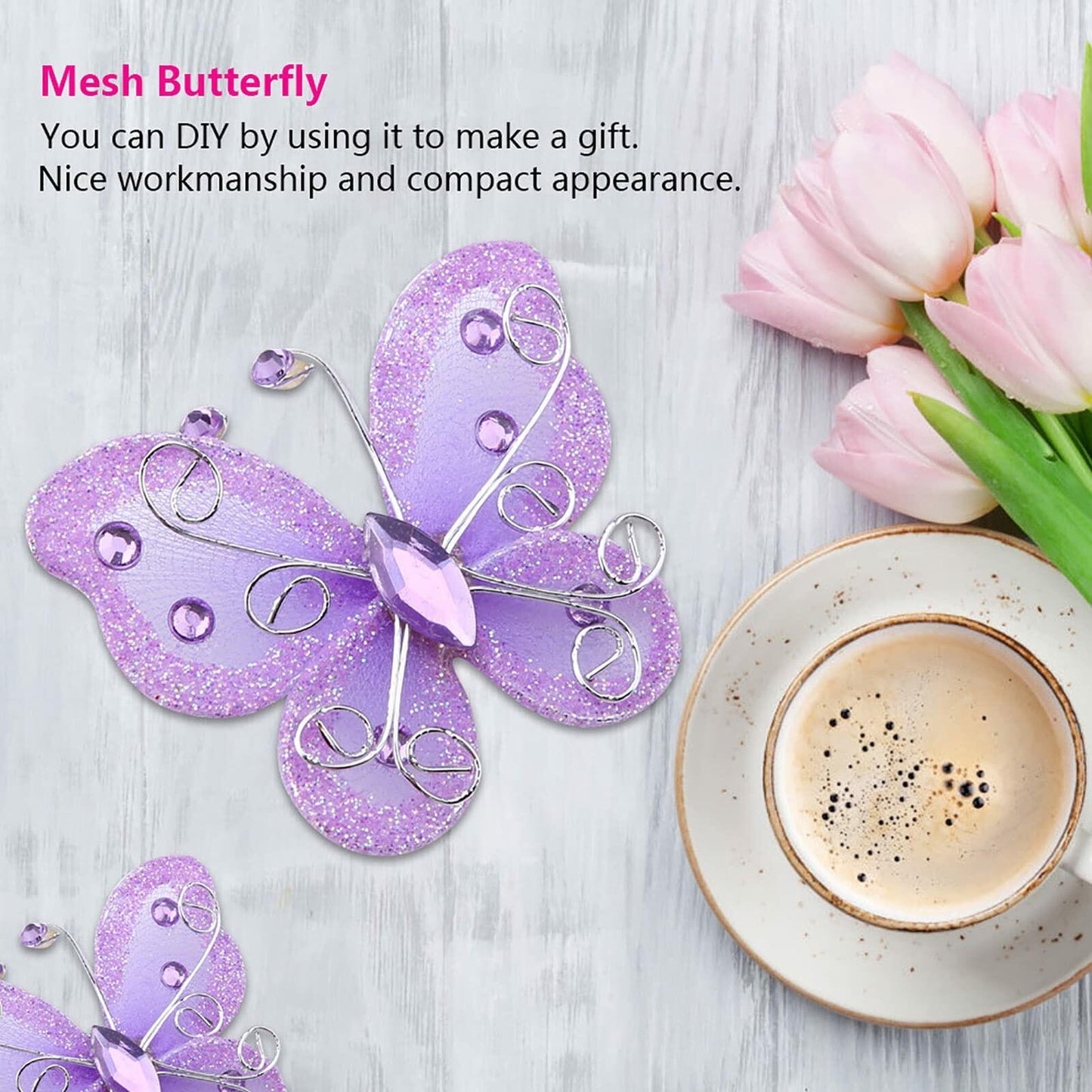 Yosoo Health Gear Wire Mesh Glitter Butterflies 24Pcs Sheer Wedding Decor