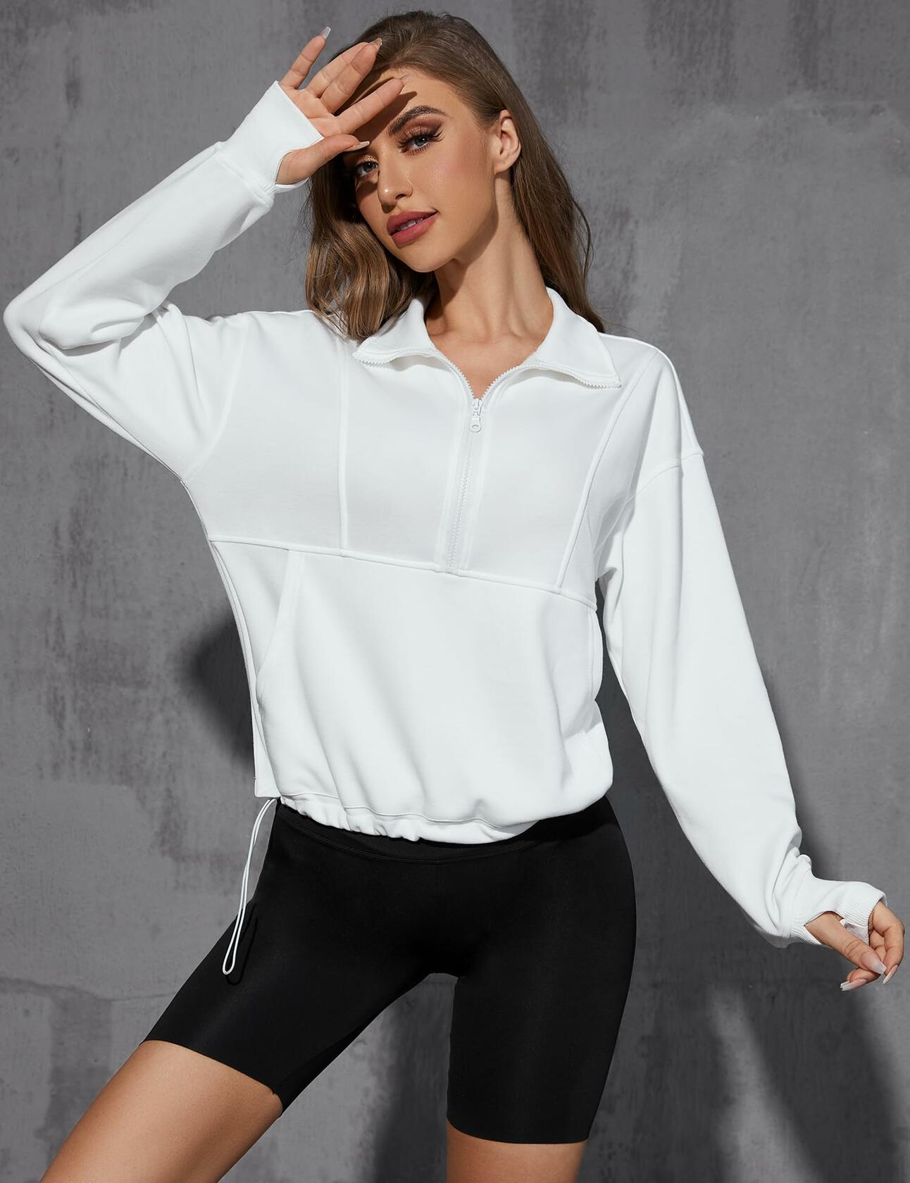 Womens Half Zip Pullover Sweatshirt White Fleece Crop Top with Pocket Size XL