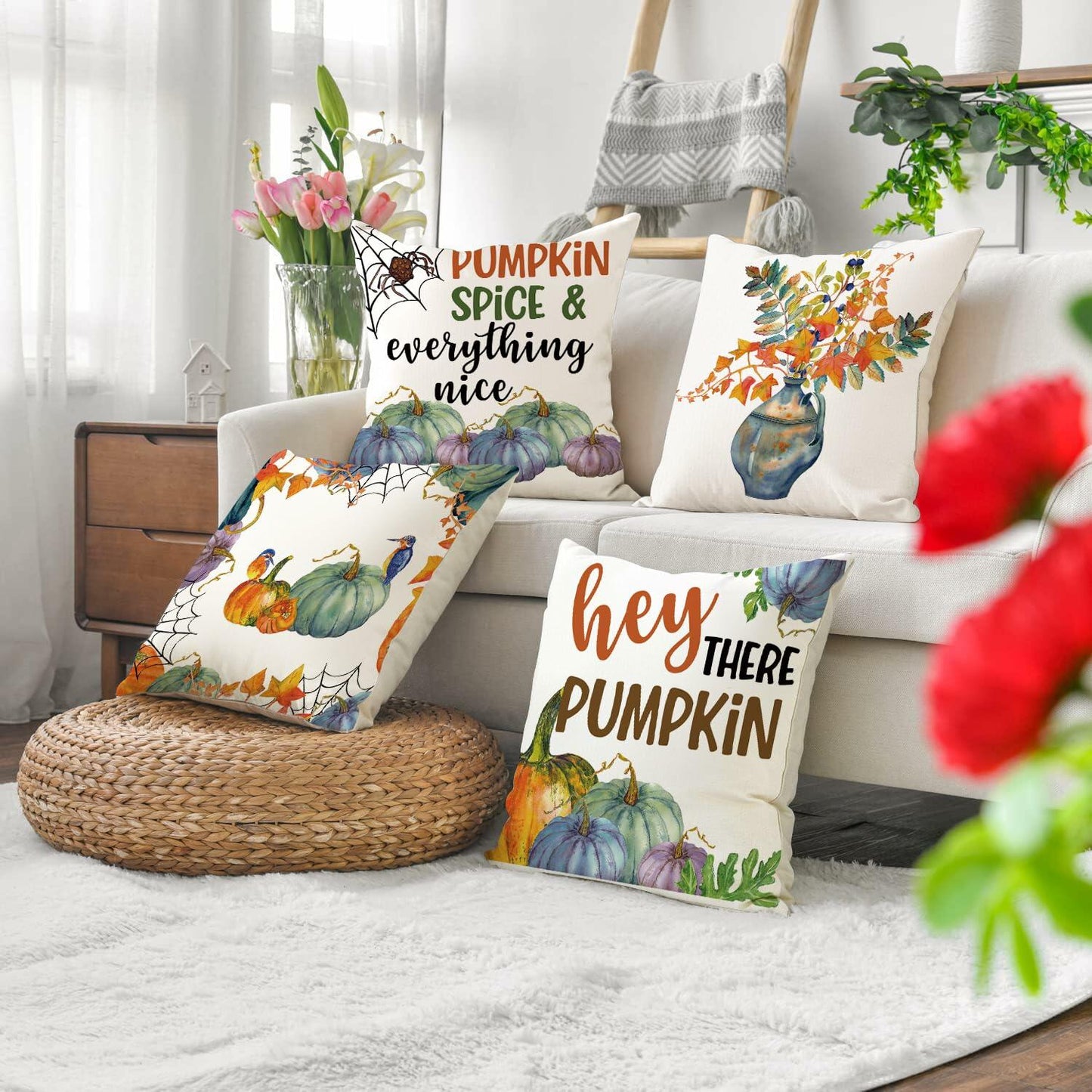 Fall Pumpkin Maple Leaf Pillow Covers 18x18 Set of 4 Autumn Thanksgiving