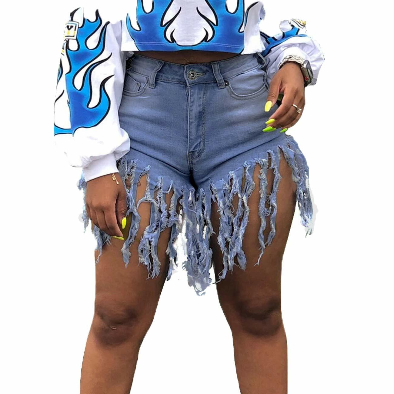 Weigou Women Denim Shorts High Waisted Tassels Frayed Raw Hem Light Blue Size S