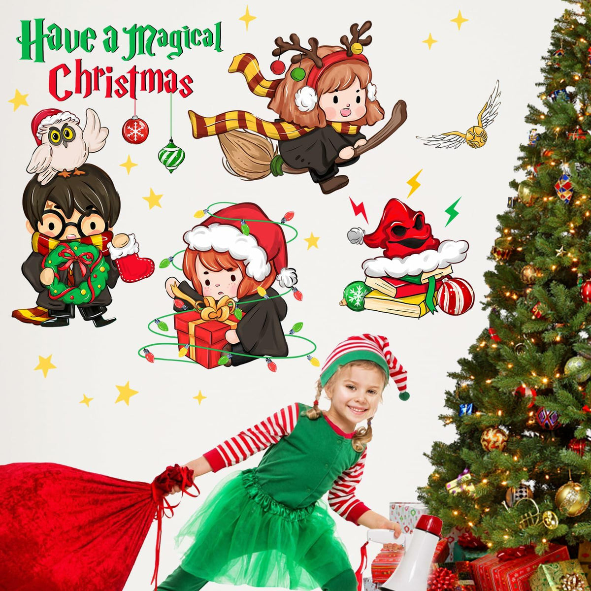 Mfault Magical Christmas Wall Decals Stickers Xmas Wizard Owl Decor
