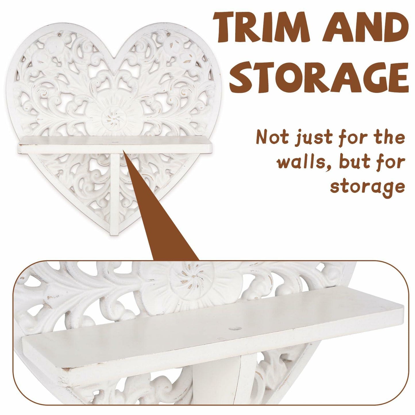 Multipurpose Floating Wall Shelf with Key Hooks Heart-Shaped 12" Vintage White