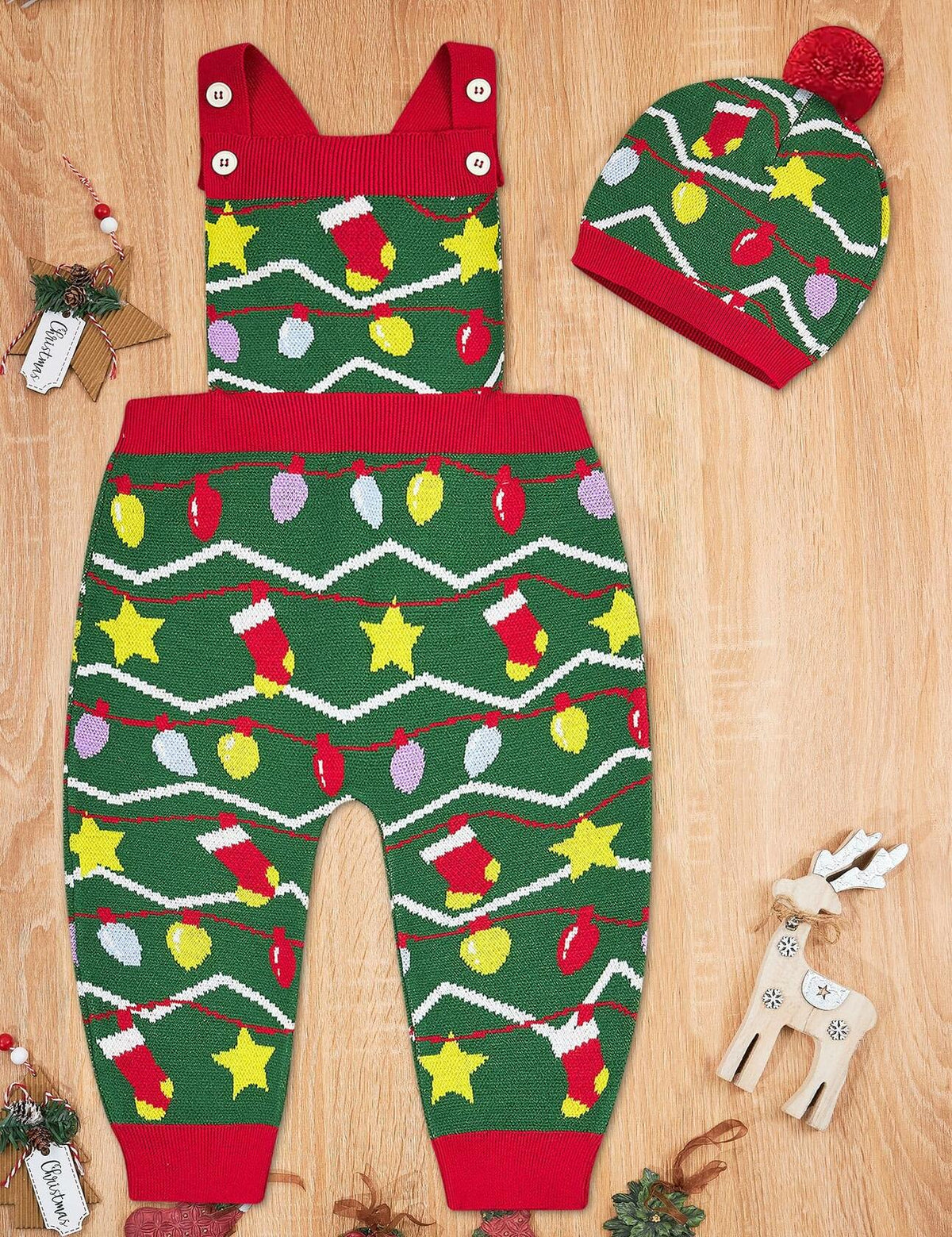 SunFocus Baby Boys Christmas Sweater Romper Green Colorful Lights Size 6-12M