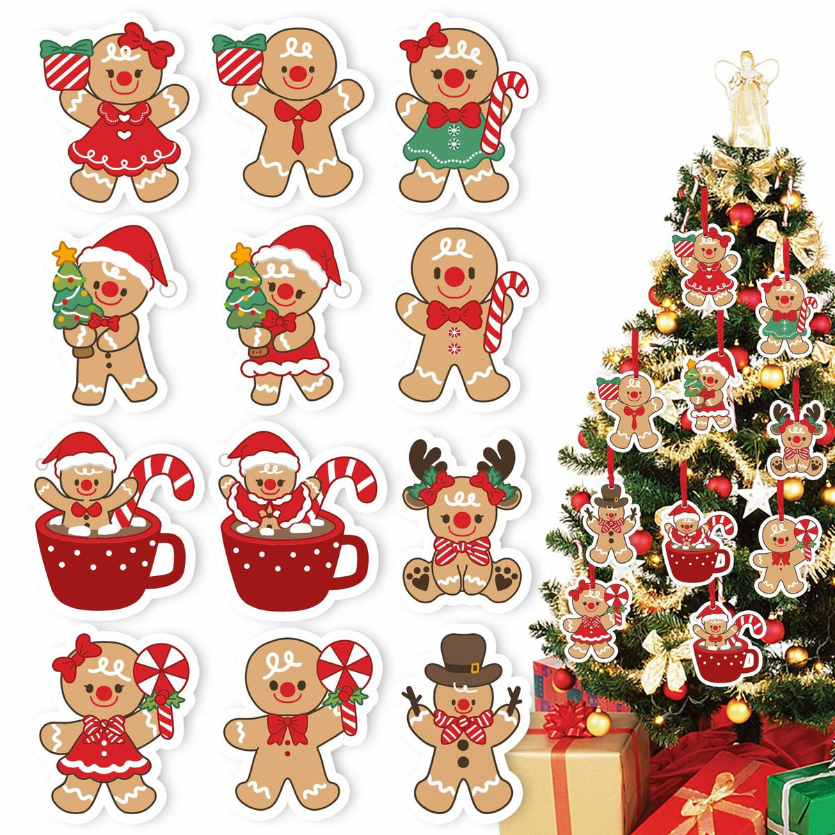 12Pcs Gingerbread Man Christmas Ornaments Tree Decorations with Ropes