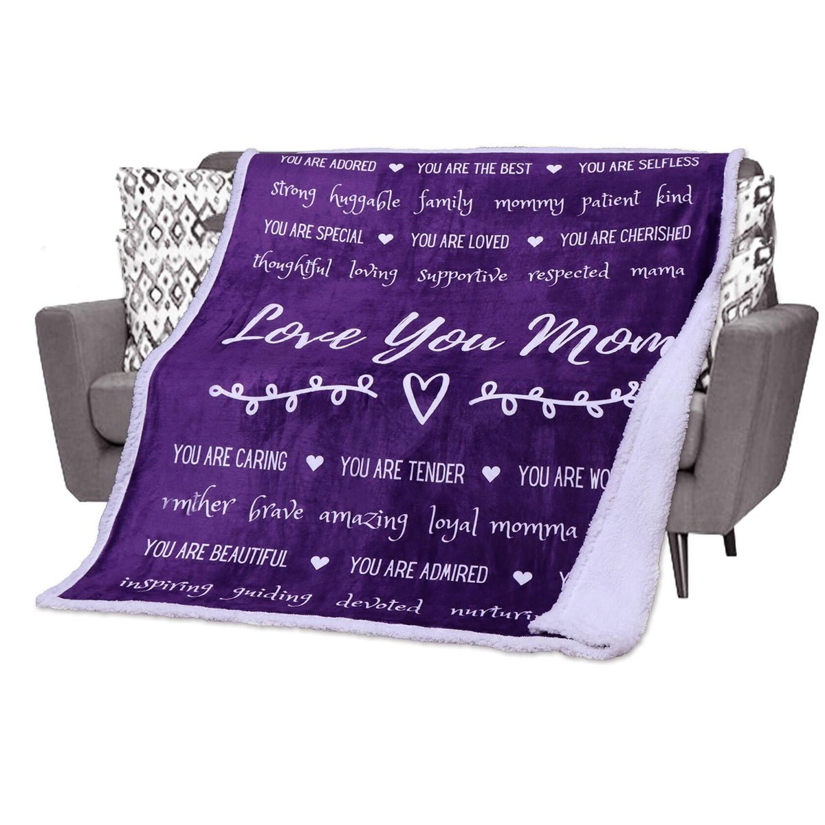 FILO ESTILO Love You Mom Sherpa Throw Blanket 60x50 Purple Violet