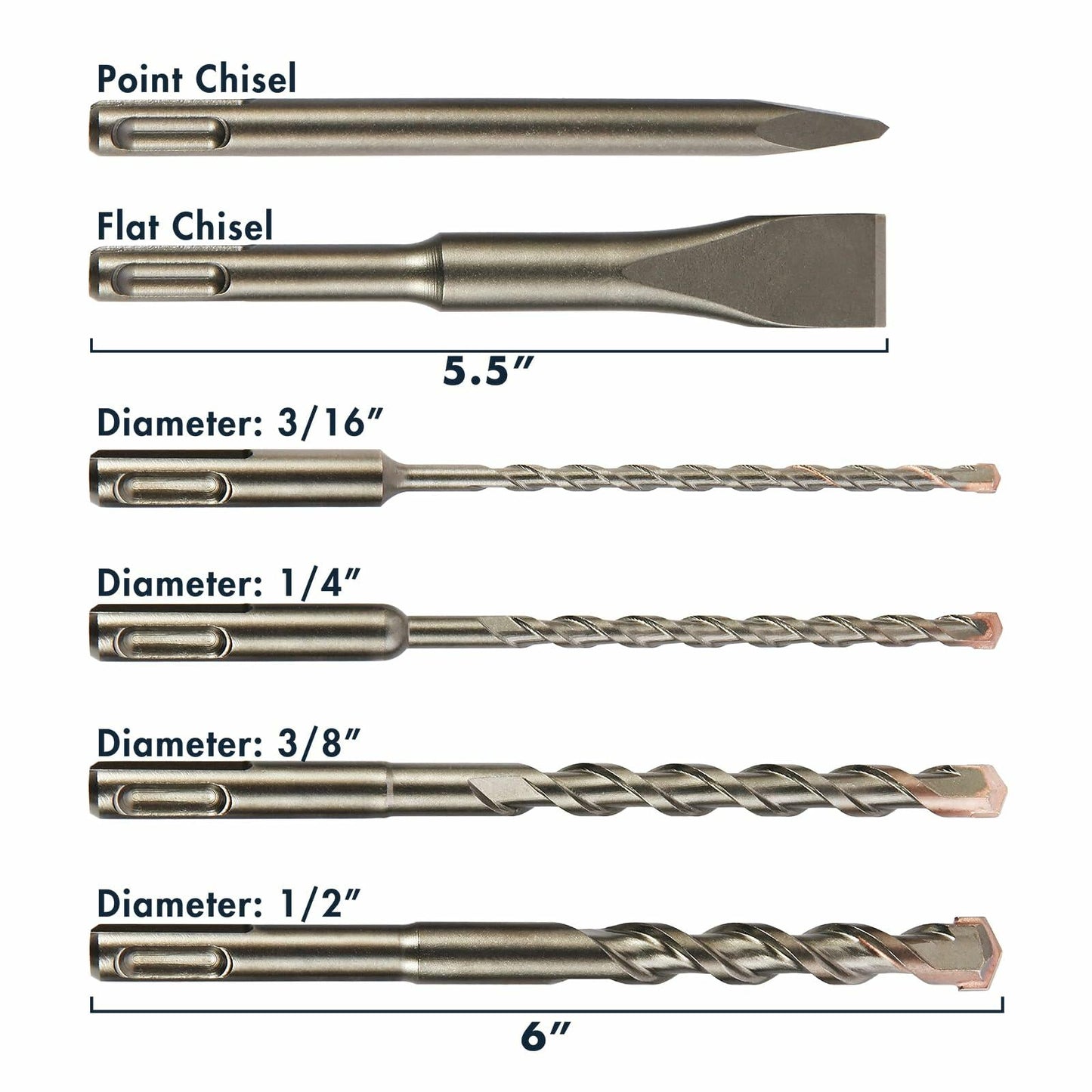MACP 6-Piece SDS-Plus Masonry Drill Bit & Carbide Chisel Set 3/16"-1/2" 6"