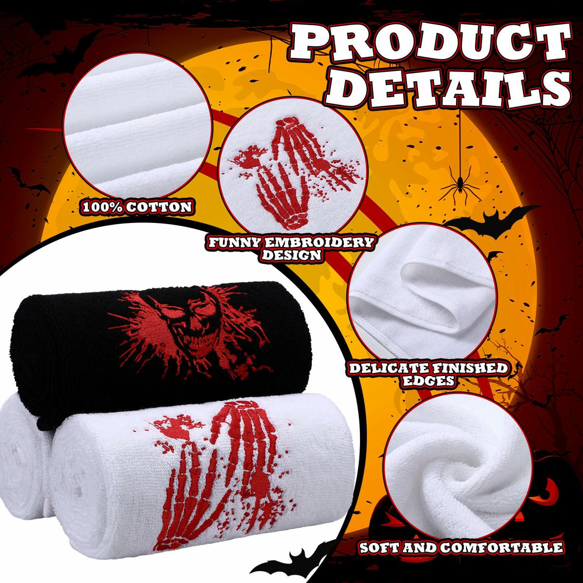 Fanfanwin Halloween Embroidered Cotton Hand Towels 13.7x29.5 3pc White Black