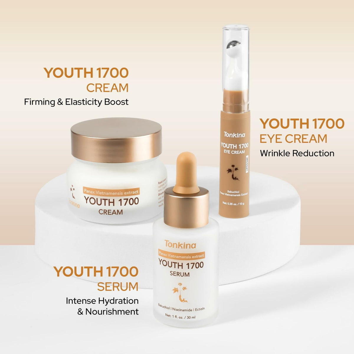 Tonkina Youth 1700 Trio Set Vietnamese Ginseng Serum Eye Cream Bakuchiol