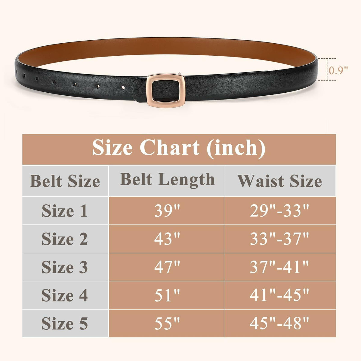 WOWOGO Women Reversible Waist Belt Black/Brown Gold Square Buckle Size 41"-45"