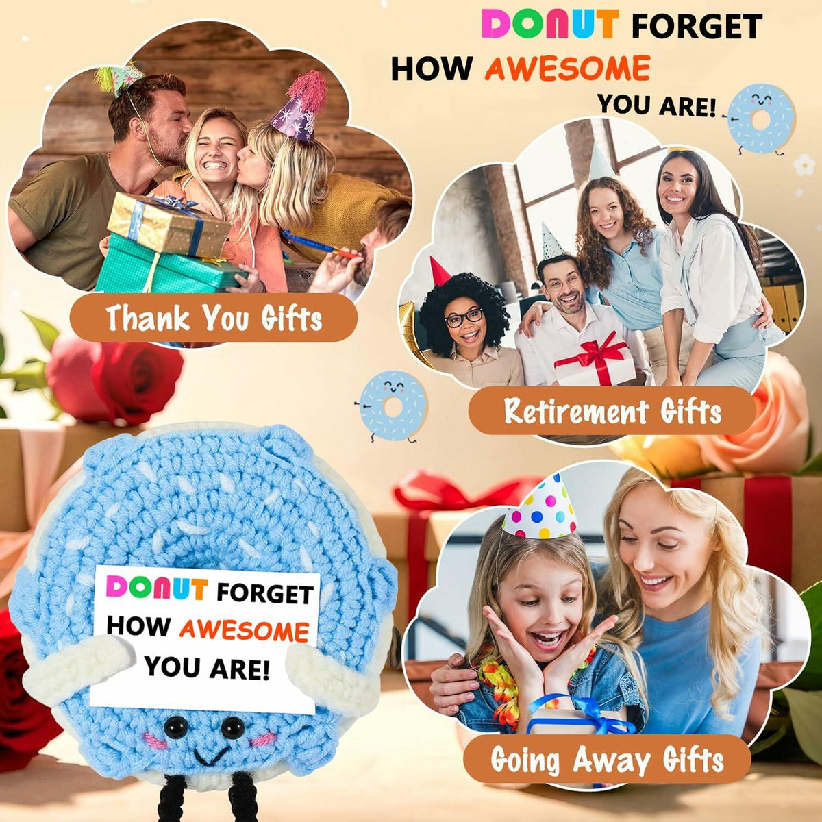RQWZBCHX Handmade Crochet Donut Inspirational Gift Blue Cute Motivational