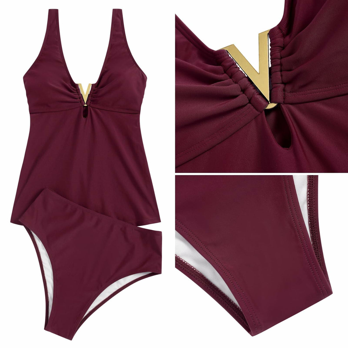 ZAFUL Women’s Tankini Set V Neck High Waisted Ruched 2pc Plum Pie M
