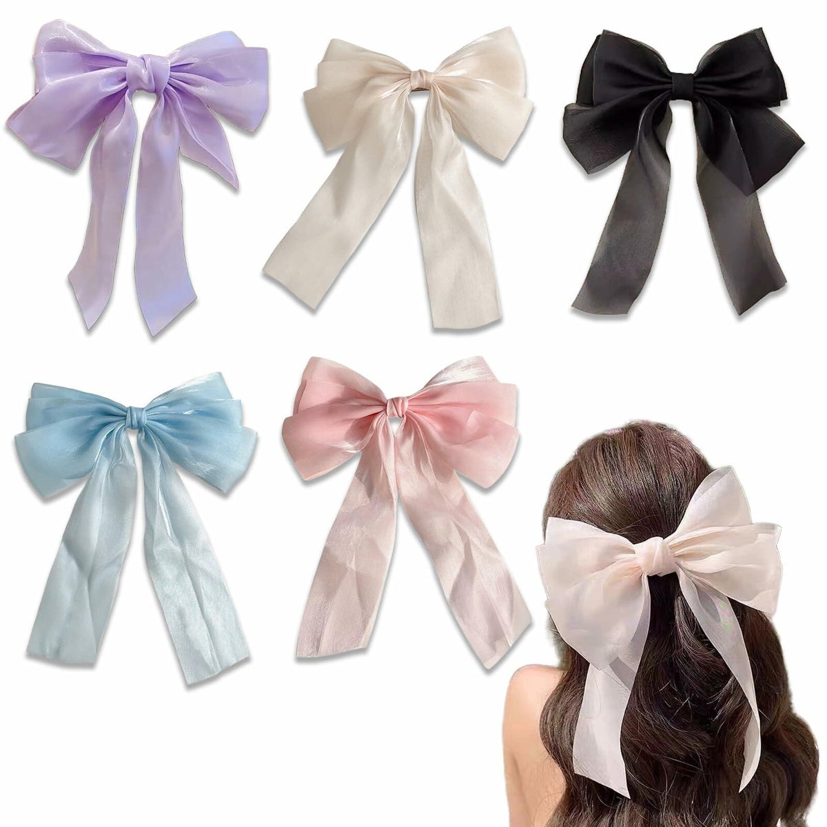 SCORYULE Bow Hair Clips 5PCS Multicolor Tulle Ribbon with Long Tails Girls Women