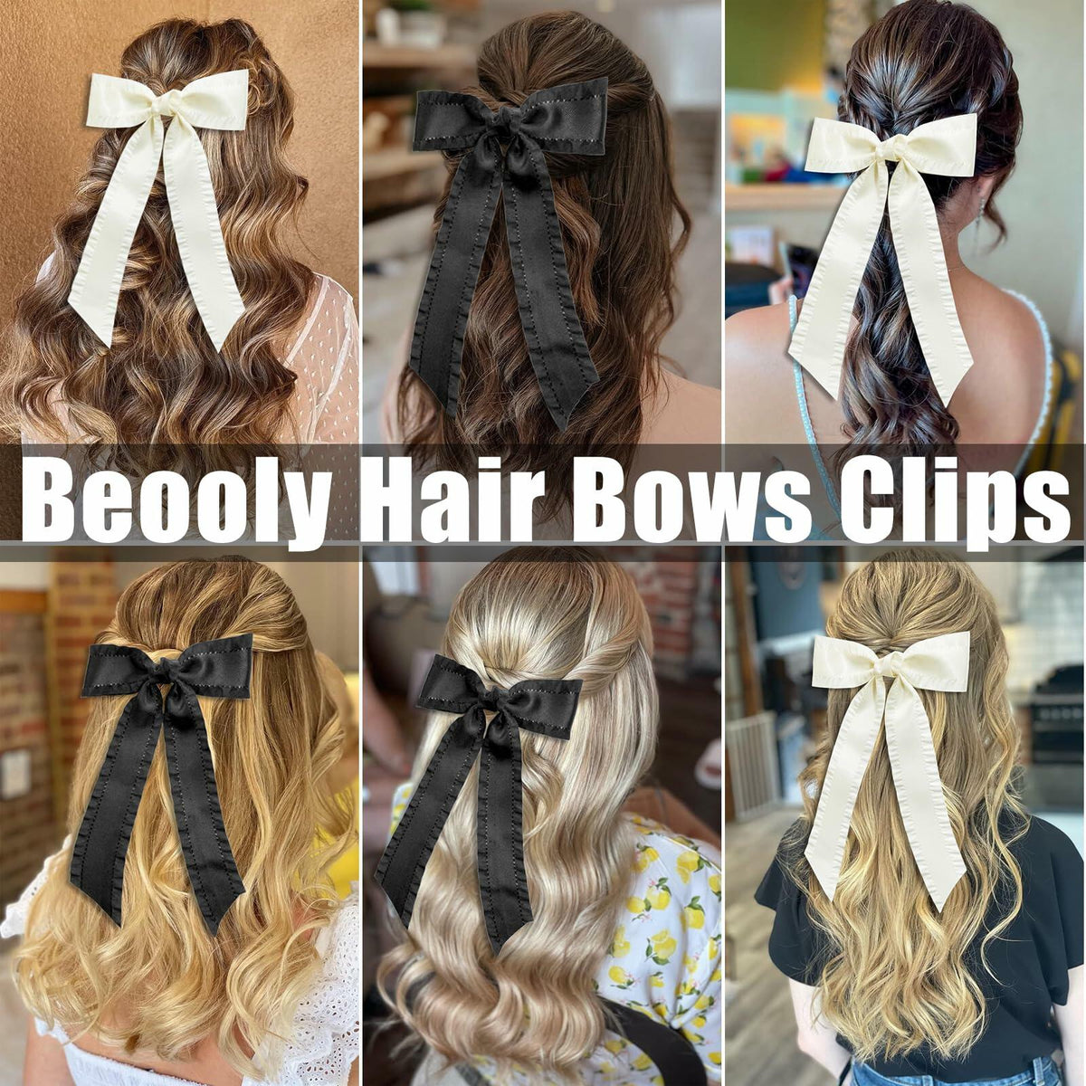 Beooly Hair Bows 2PCS Metal Hair Clips Beige Black Large Barrettes