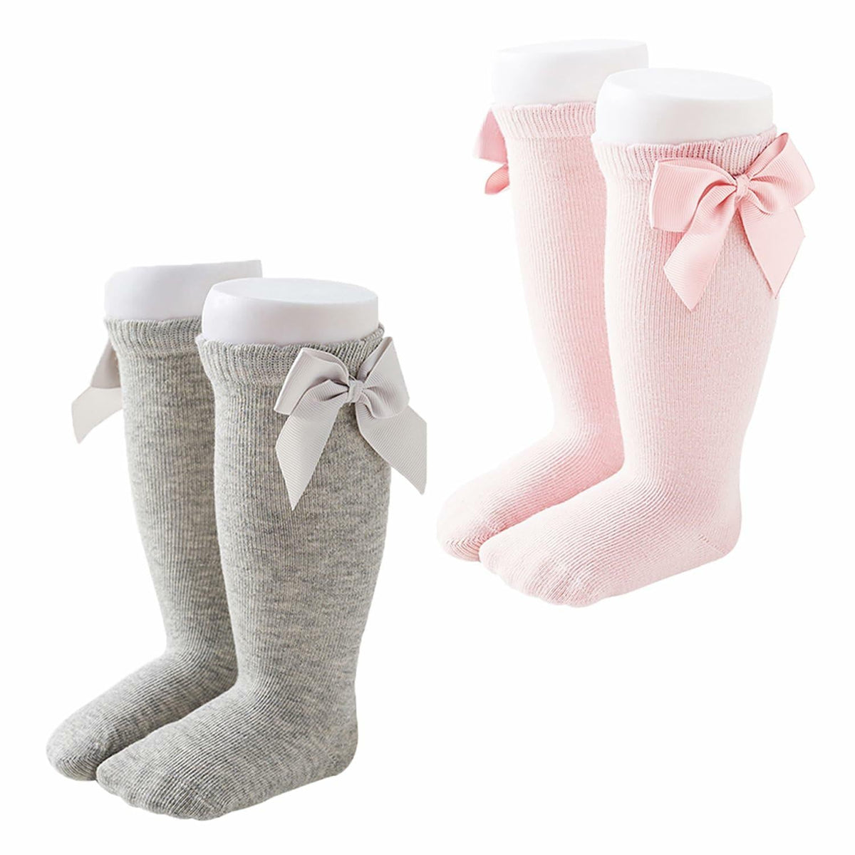 Marchare Baby Girls Knee High Socks Cotton 2 Pack Grey Light Pink 3-5T