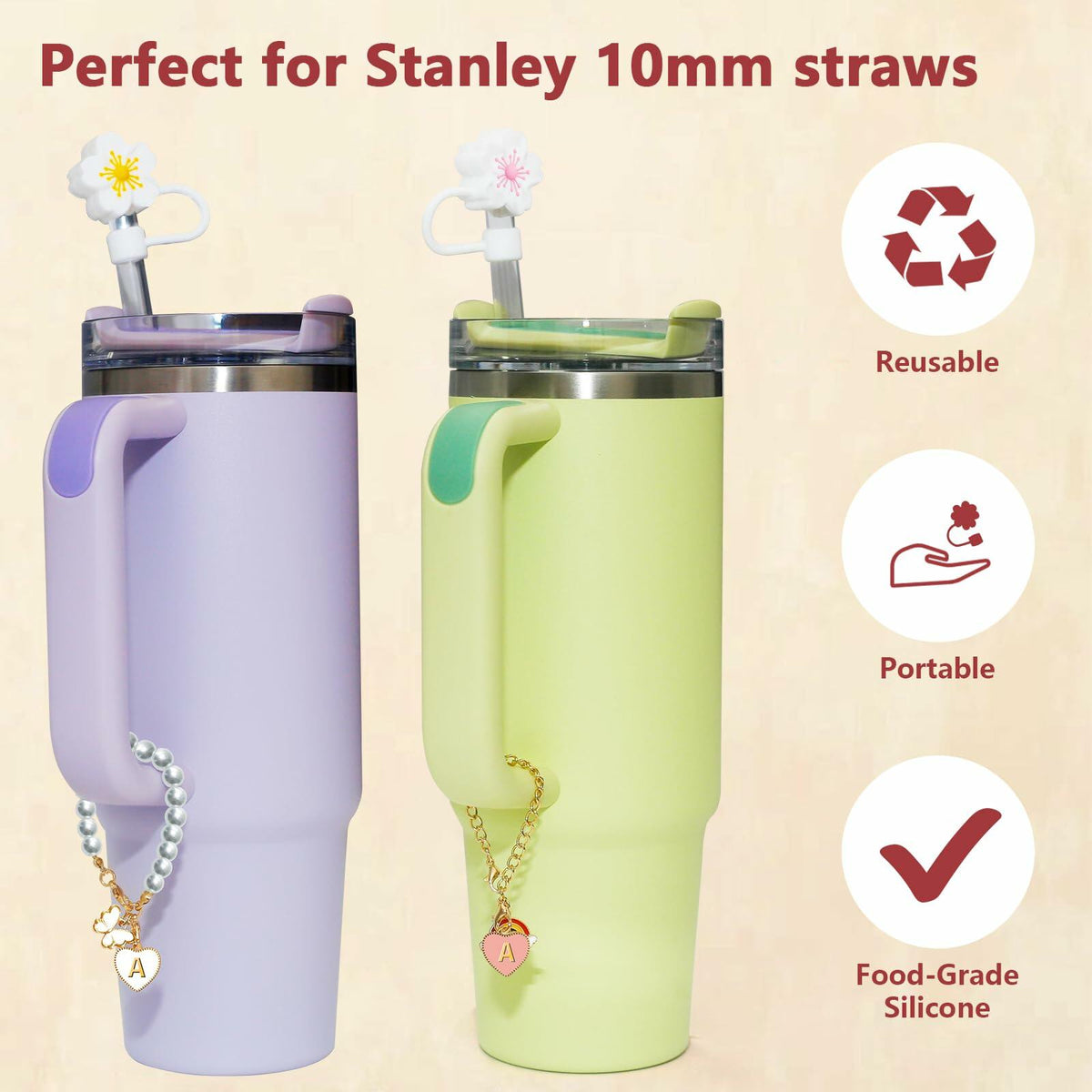 veluvonas Stanley Cup Straw Cover 30&40oz 10mm 2PCS + Letter A Charms