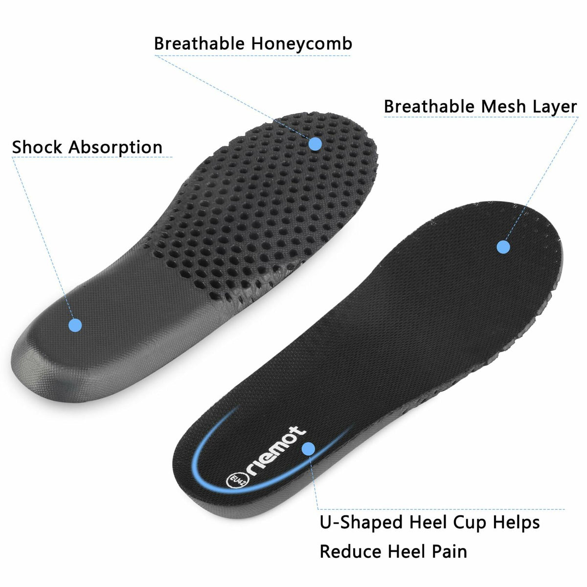 riemot Arch Supports Orthotics Sport Shoe Insoles 2 Pairs Grey Size US14/EU47