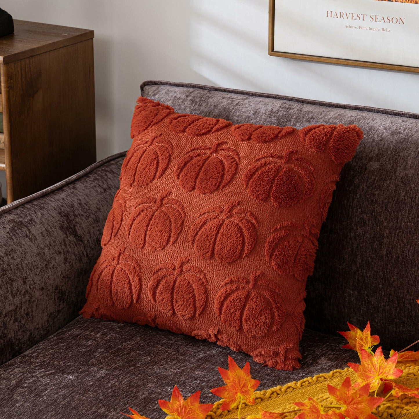COSIBONO Pumpkin Fall Throw Pillow Covers 18x18 Set of 2 Caramel Embroidery
