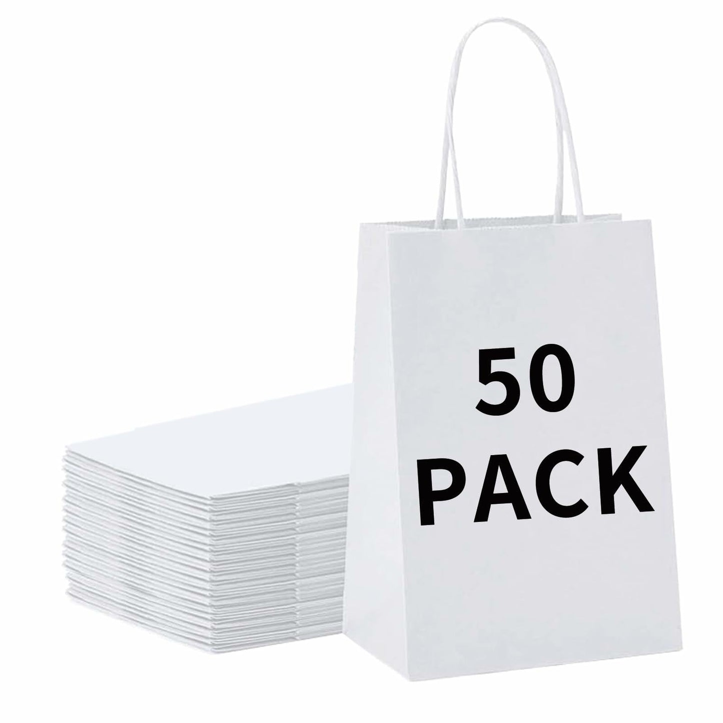 BAG BOX 50 Pack Kraft Paper Gift Bags with Handles 8.25x4.3x10.6 Inch White