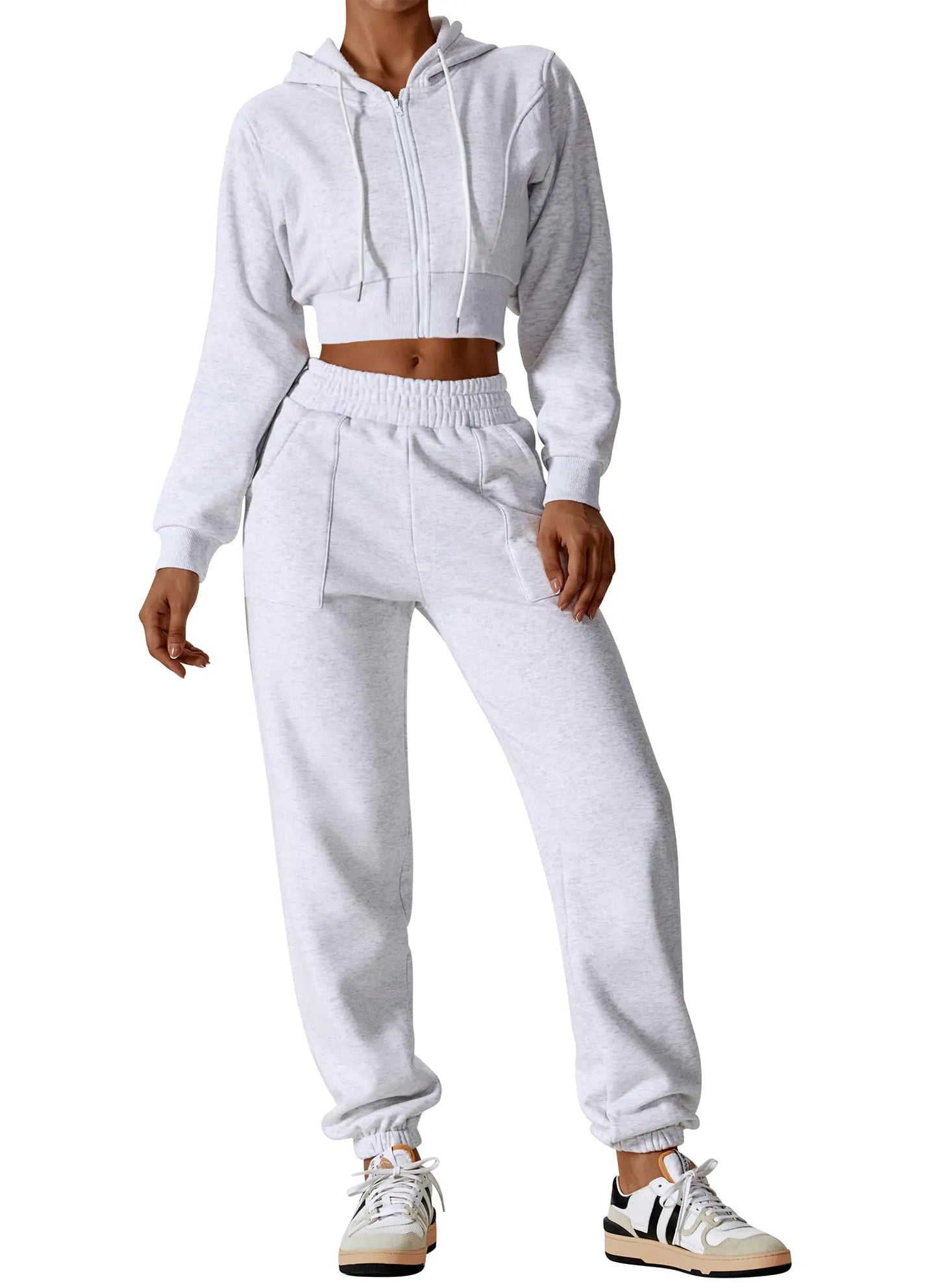 ABOCIW Two Piece Outfits for Women Sweat Sets Fleece Long Sleeve Cropped Zip Up Hoodies Sweatshirts Sweatpants Joggers Set Y2K Clothes Fall Outfits for Women 2023 Gray Medium