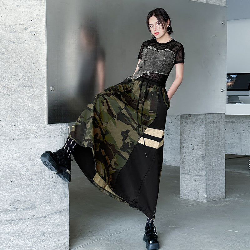 Retro camouflage leopard print denim high waisted skirt