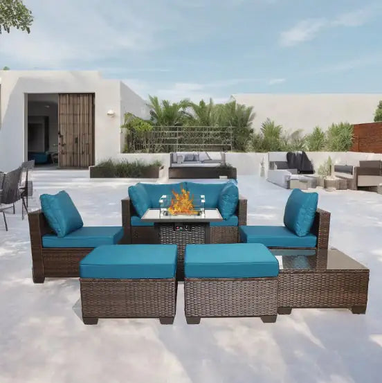 Style Loft Collection All-Weather 8-Piece Wicker Rattan Patio and Fireplace