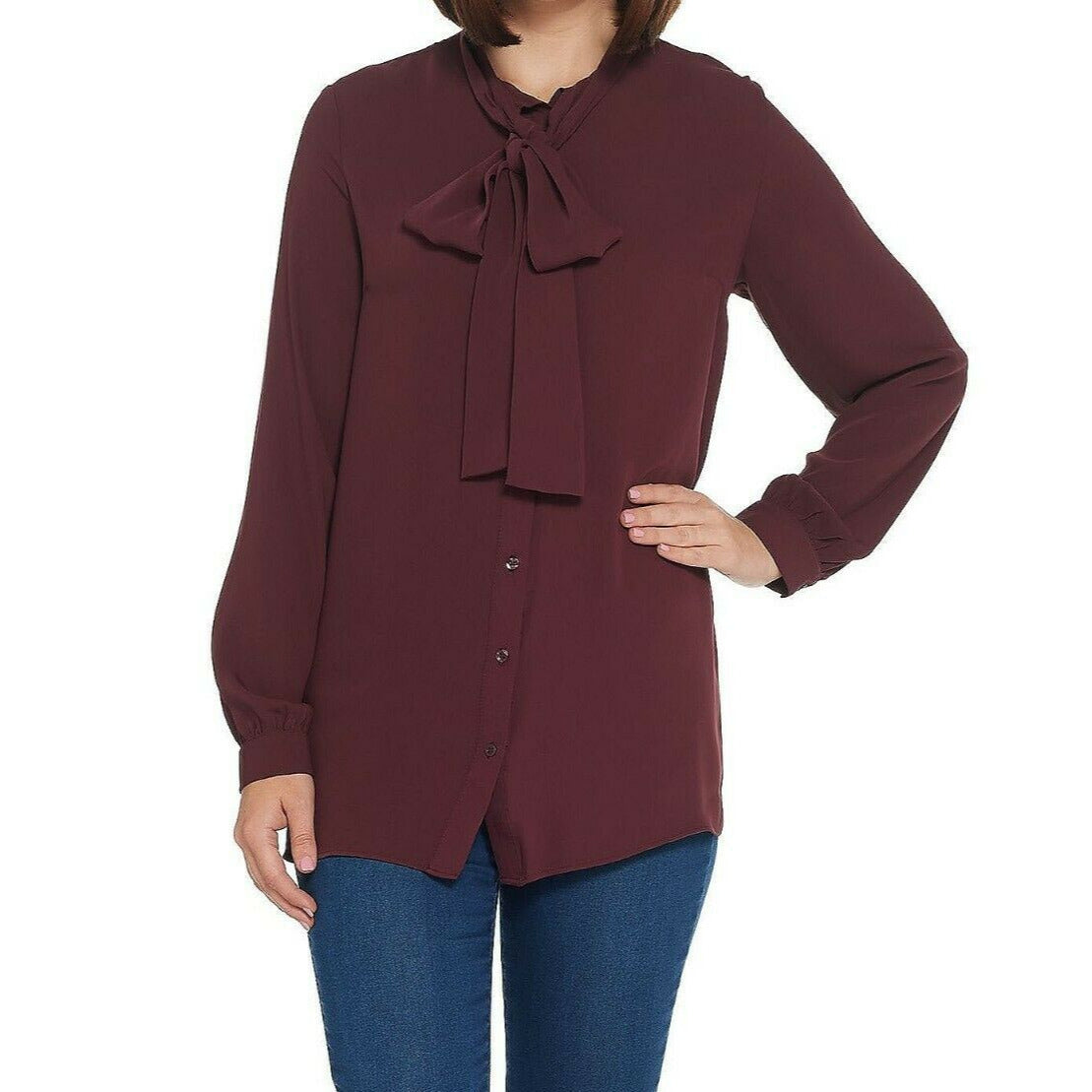MARTHA STEWART Woven Front Button Blouse Top Tie Neck Women's Sz 1X Chianti (New)