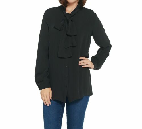 MARTHA STEWART Woven Front Button Blouse Top Tie Neck Women's Sz 2X Francesca Black (New)