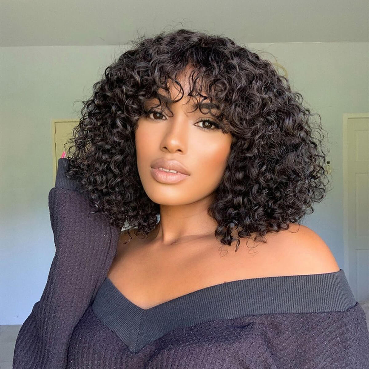 Curly Short Bob Cut Human Hair Wigs With Bangs Kinky Curly Bob Wig Brazilian Remy Hair Full Machine Made