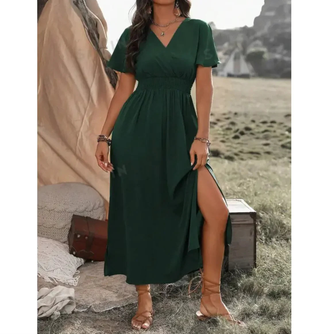 Style Loft Collection V-Neck Bell Sleeve Slit Long Dress