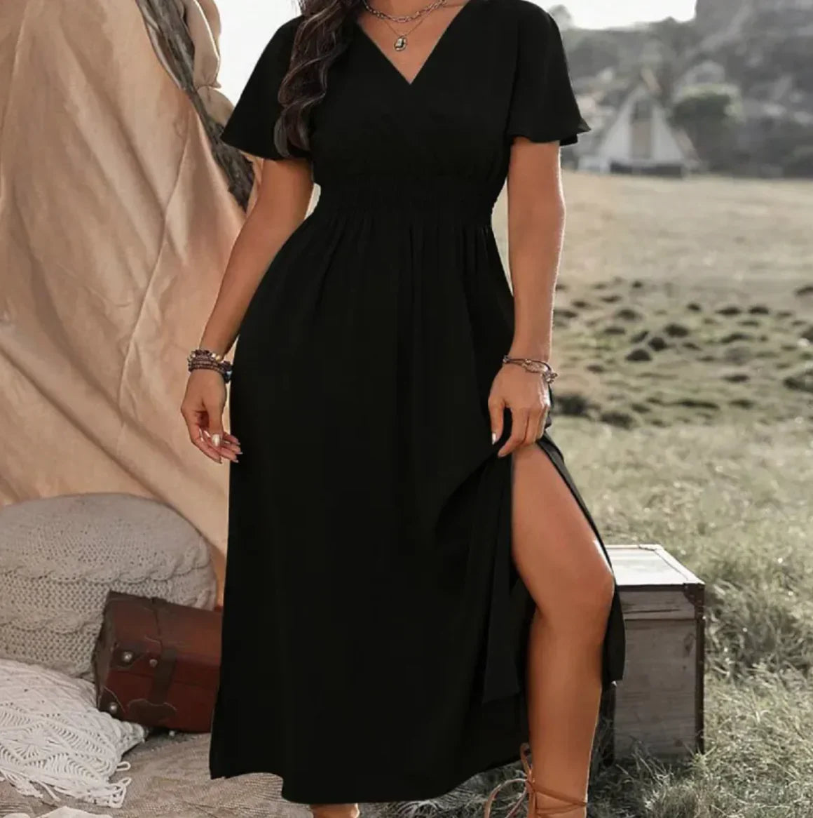 Style Loft Collection V-Neck Bell Sleeve Slit Long Dress