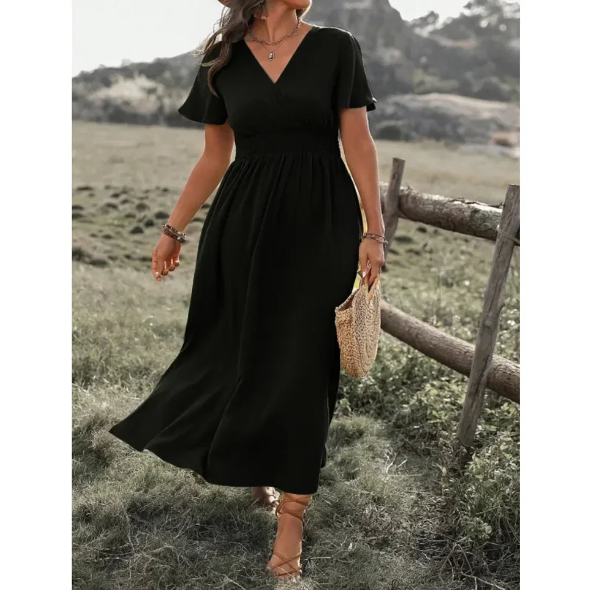 Style Loft Collection V-Neck Bell Sleeve Slit Long Dress