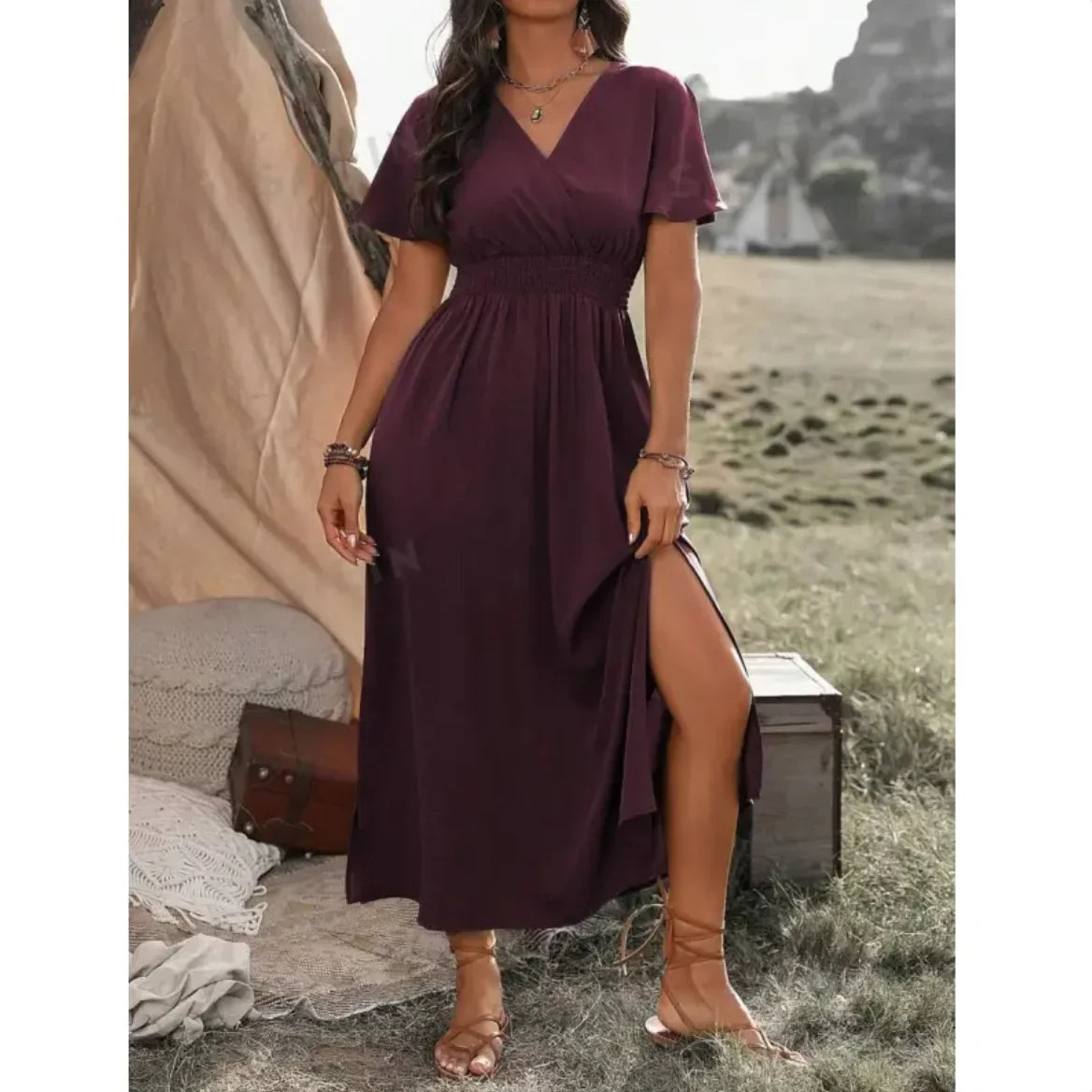 Style Loft Collection V-Neck Bell Sleeve Slit Long Dress