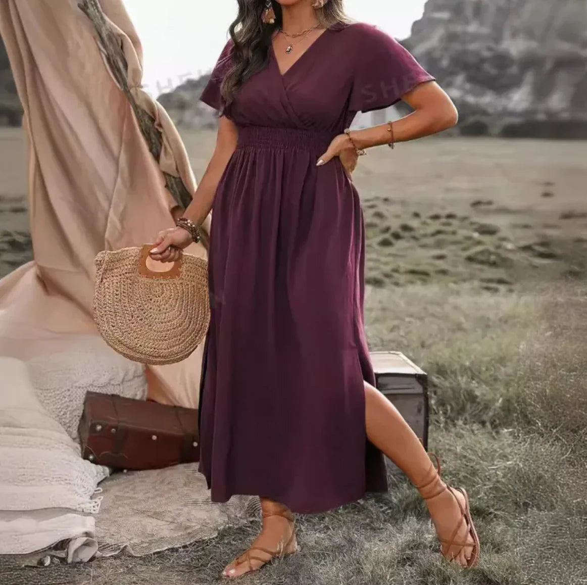 Style Loft Collection V-Neck Bell Sleeve Slit Long Dress