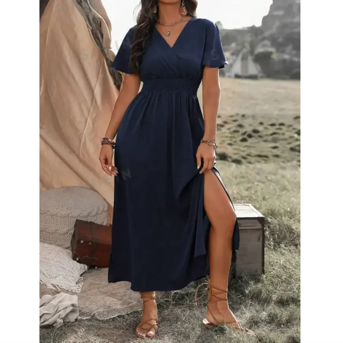 Style Loft Collection V-Neck Bell Sleeve Slit Long Dress
