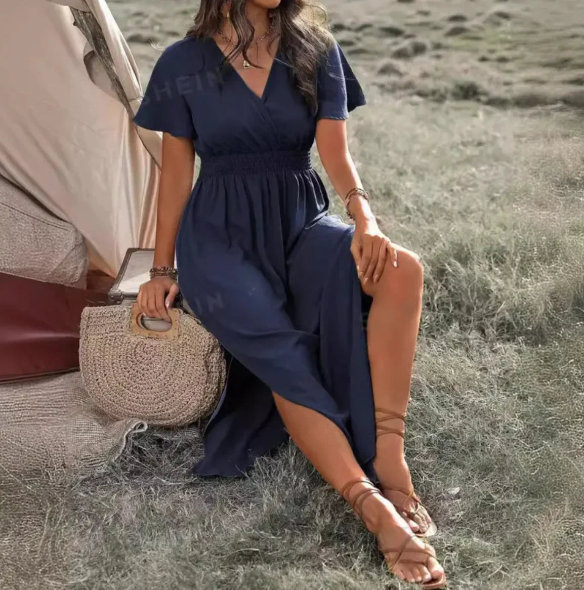 Style Loft Collection V-Neck Bell Sleeve Slit Long Dress