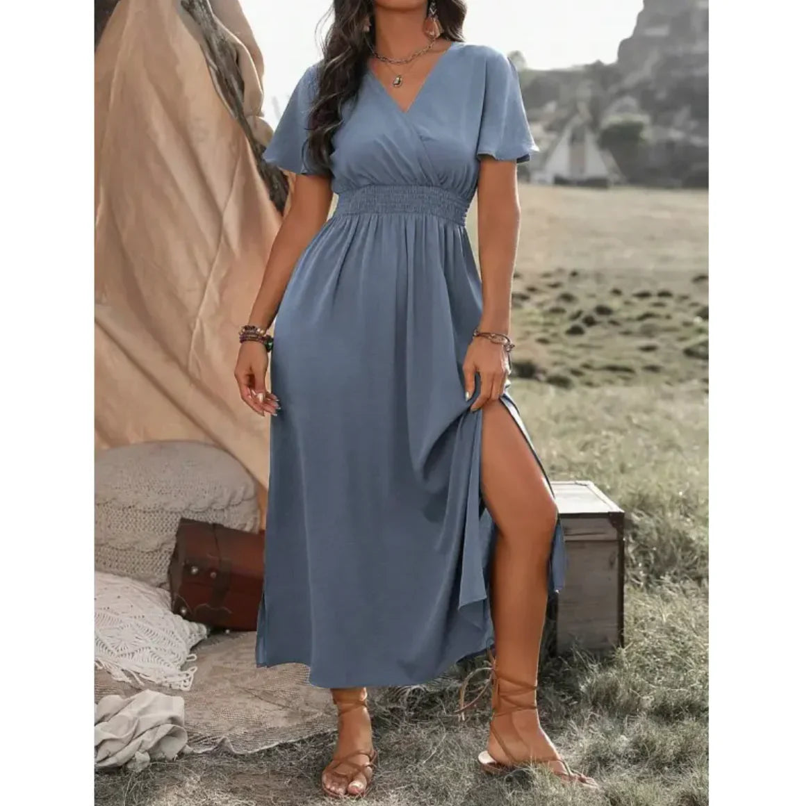 Style Loft Collection V-Neck Bell Sleeve Slit Long Dress