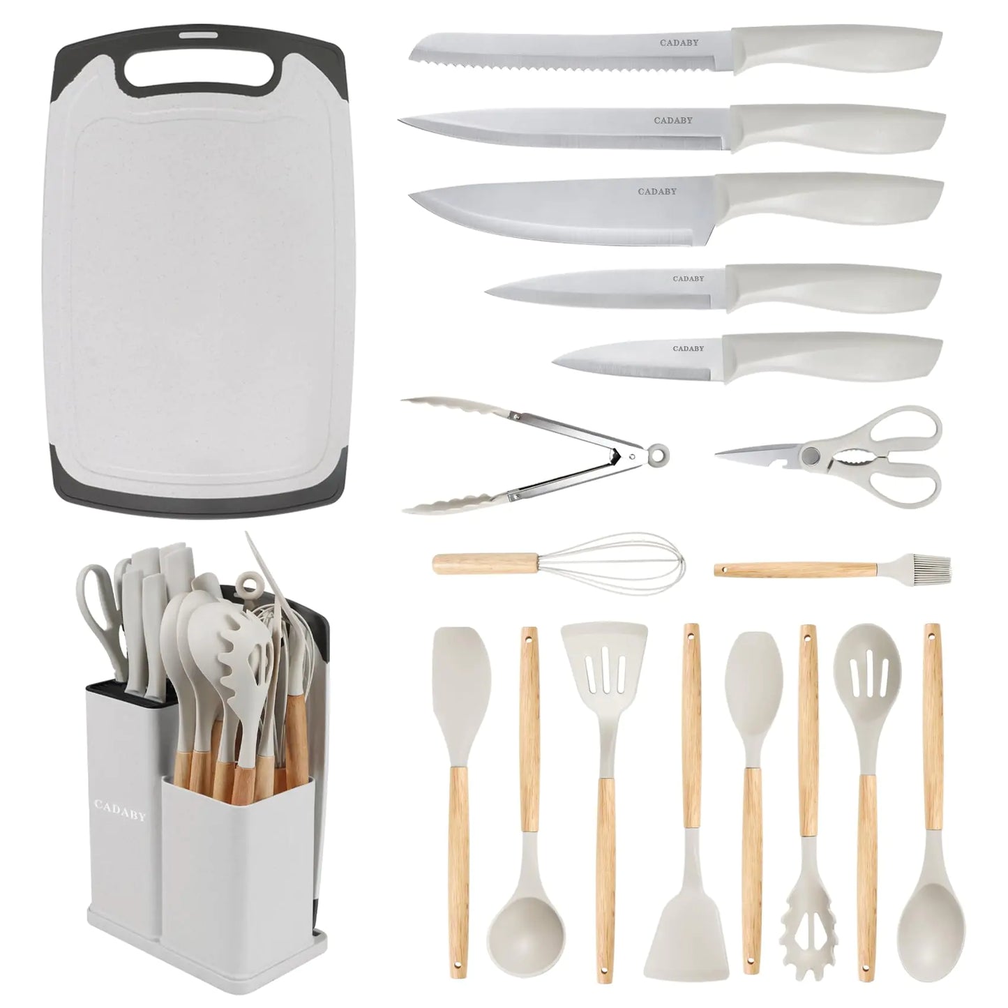 CADABY 19PCS Kitchen Knife Set with Block Professional 5 PCS High Carbon Stainless Steel Cooking Knives Set Knife Block Set with 11 PCS Silicone Kitchen Utensils Set Convenient White