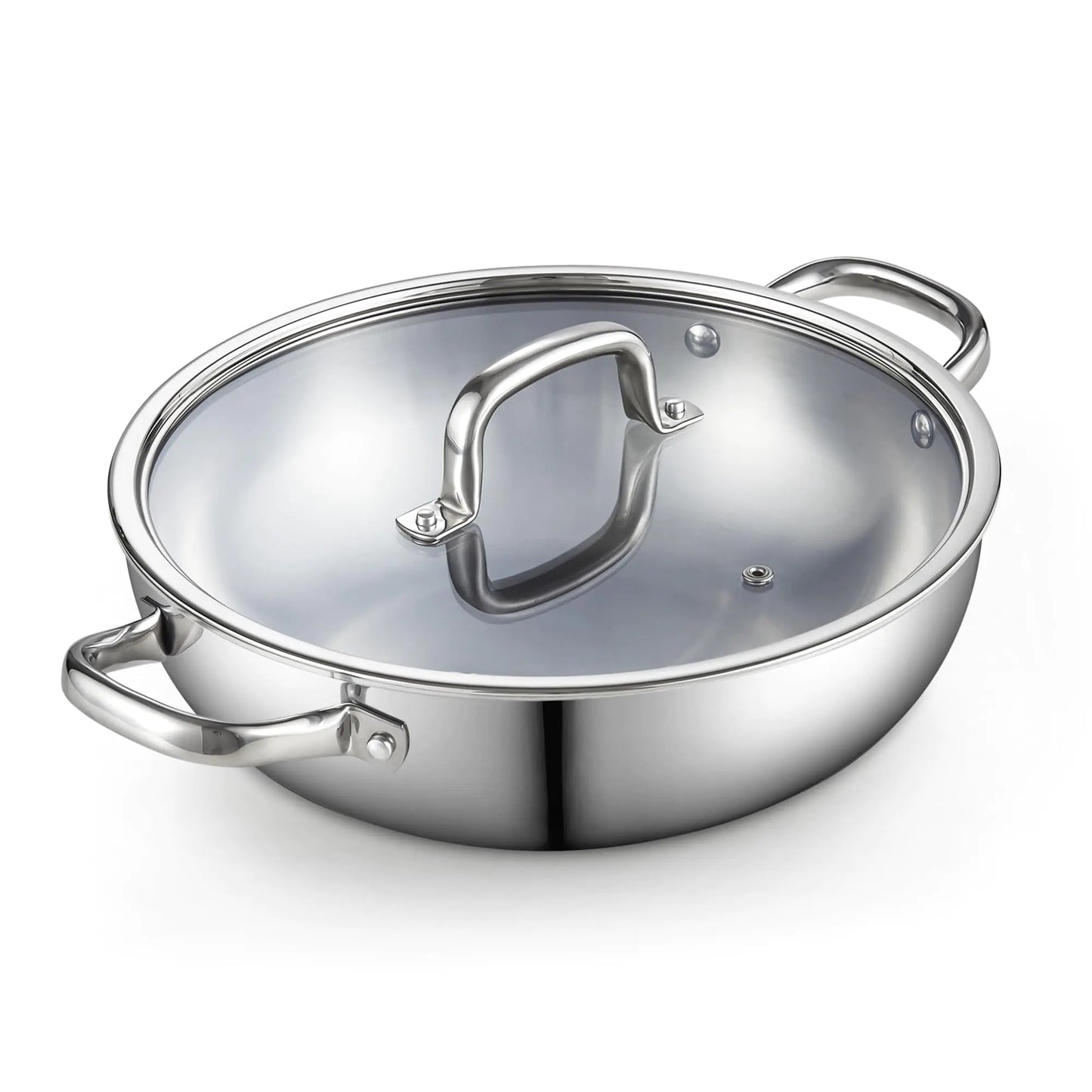 Cook N Home Tri-Ply Stainless Steel Wok 12 inch Induction Wok with Lid Flat Bottom Wok Stir Fry Pan Silve