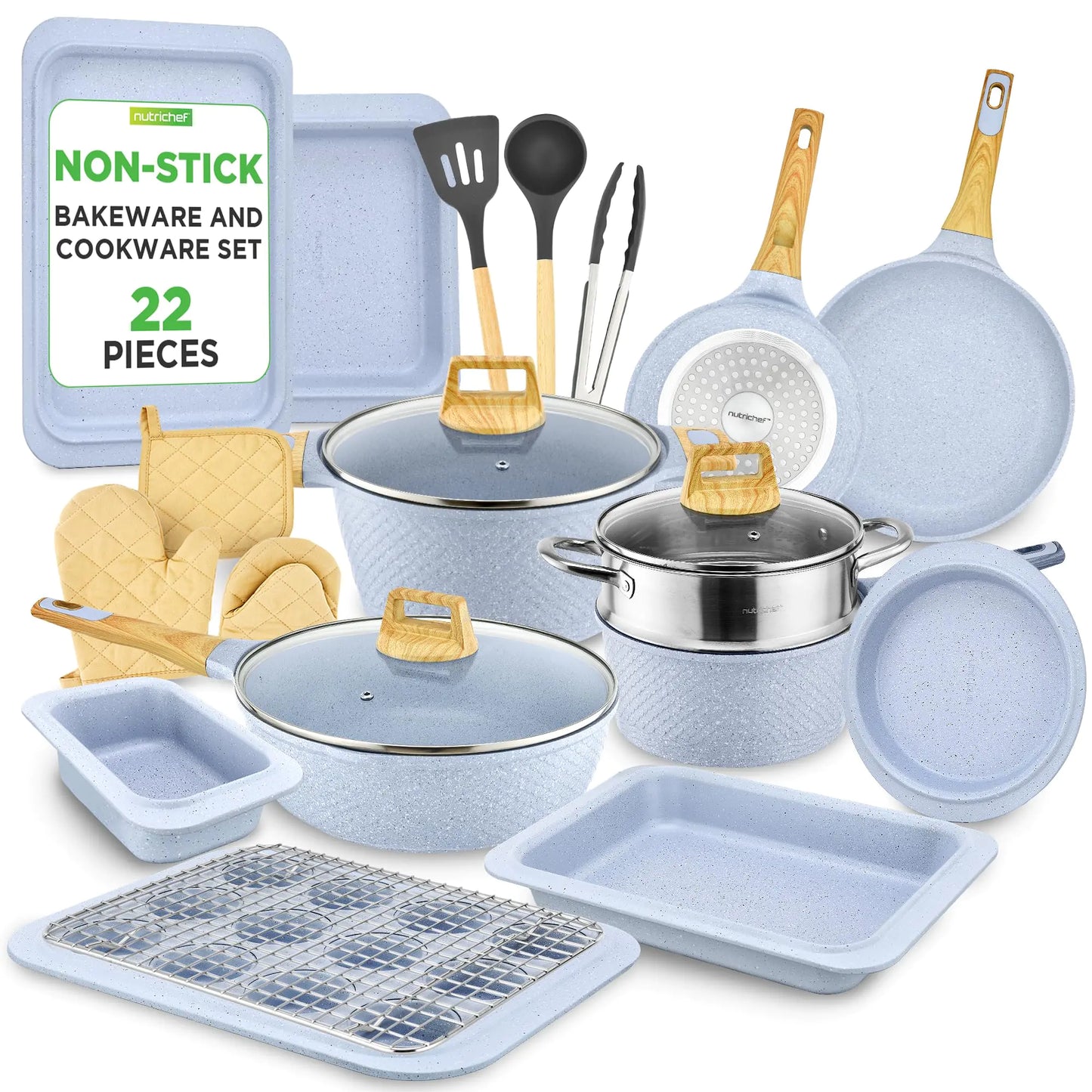 Nutrichef 22-Piece Cookware and Bakeware Set | Professional Home Kitchen Collection with Multi-Sized Pots Pans Non stick and Heat-Resistant Tools (Moon Grey Marble)