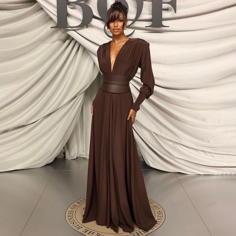 Waist closure pleated French dress in coffee color with V-neck and long sleeves