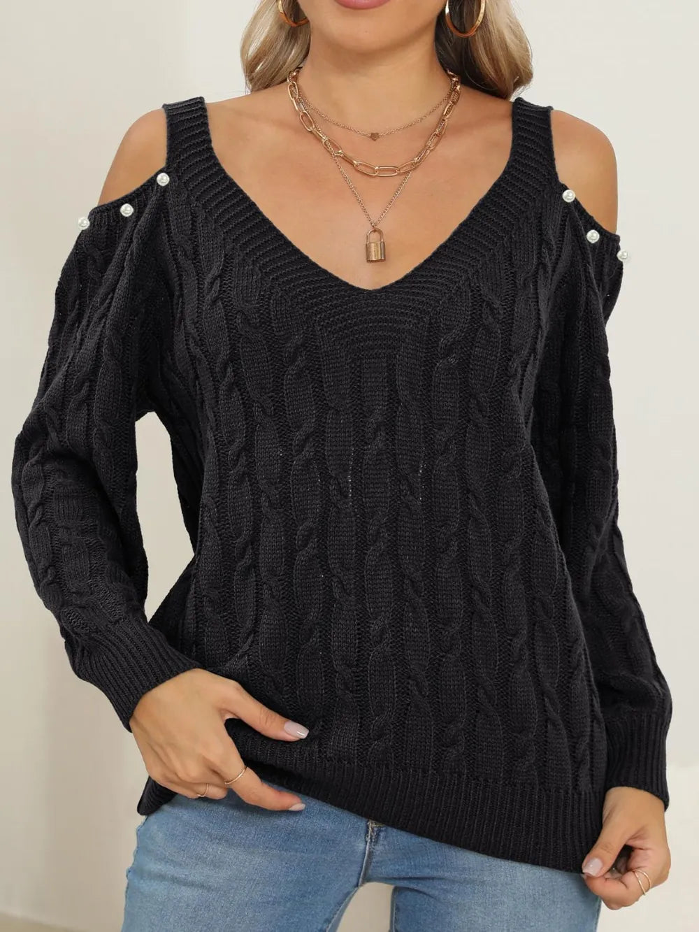 Women's autumn and winter deep V sexy off shoulder loose pullover sweater top for women